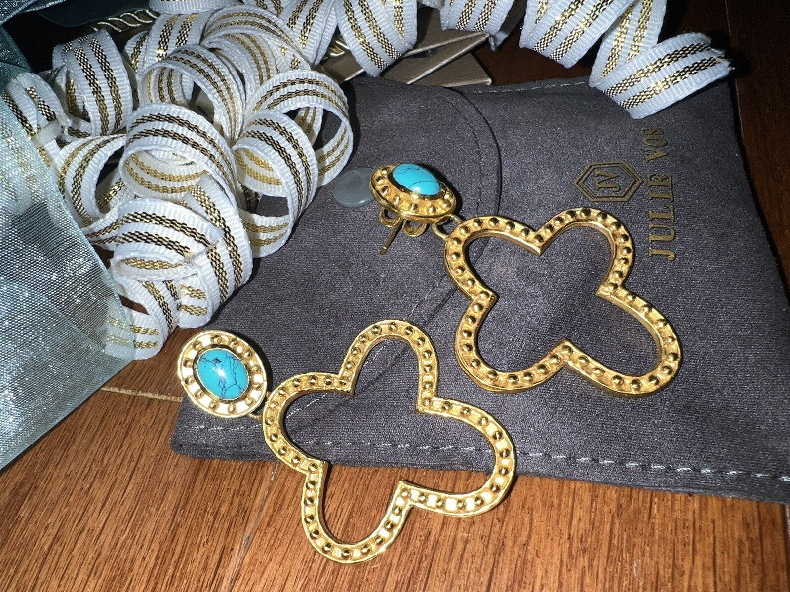 Julie Vos 24k Gold Plate & Turquoise Cross Statement Earrings WOW Julie Vos