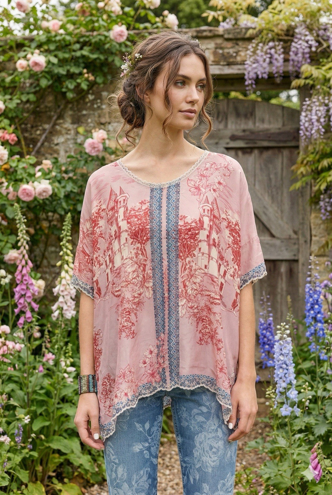 Johnny Was XL Pink & White 100% Silk Blouse Top Tunic Shirt Toile Lace Johnny Was