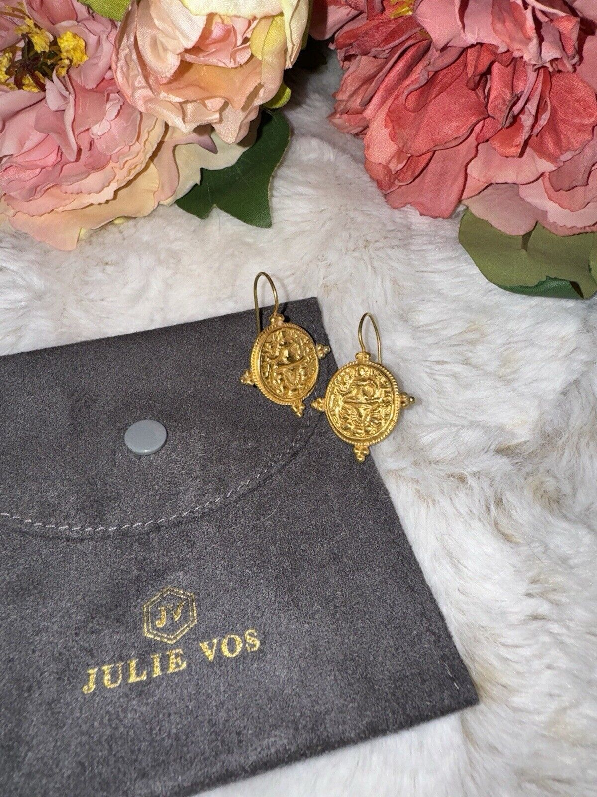 Julie Vos 24k Gold Plated Coin Medallion Hook Earrings CLASSIC STYLE