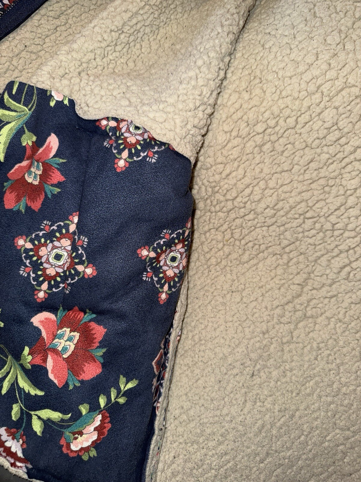 Johnny Was L Navy Blue Coat Jacket Faux Suede & Shearling Oversized Floral Johnny Was Pete & Greta