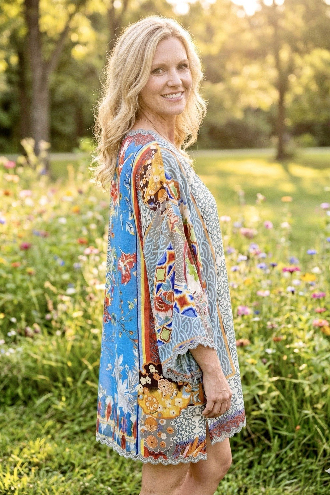 Johnny Was XL 100% Silk Long Sleeve Tunic Top Dragon Blouse Shirt Asian BOHO Johnny Was