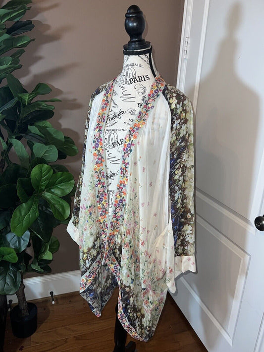 Johnny Was Silky Long Kimono Floral Ivory Pockets Embroidered XXL 2XL 2X SPRING