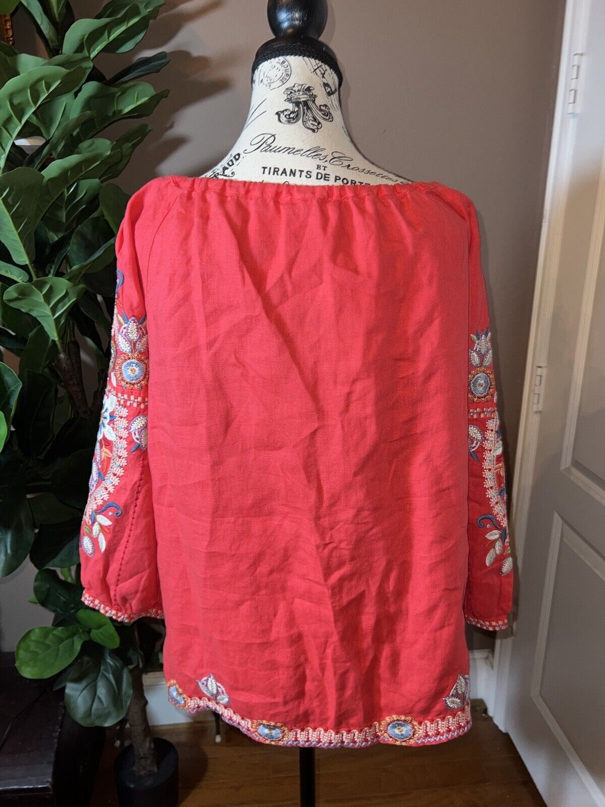 Johnny Was XL 1X 1XL Linen Kimono Sleeve Peasant Top Floral Embroidered