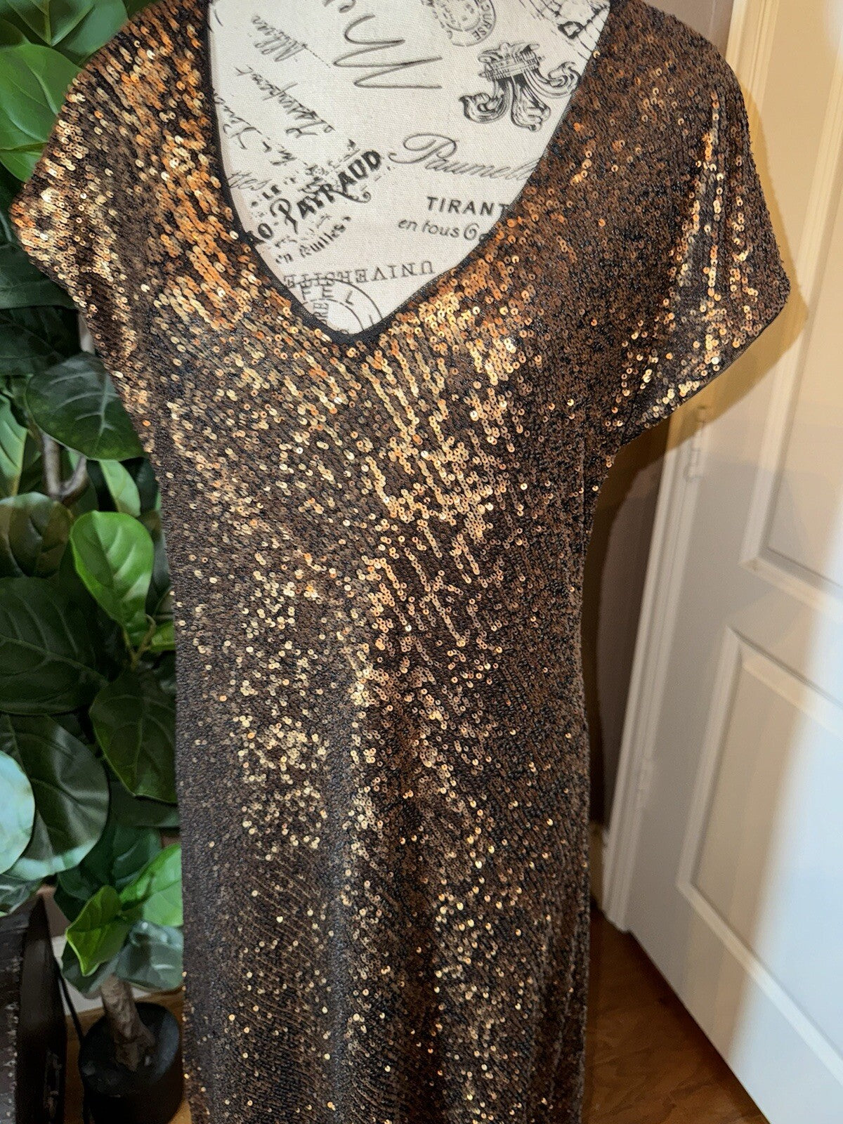 Johnny Was Gold XL Sequin Maxi Dress Long Flowy Mesh Slip Sequins Party Johnny Was