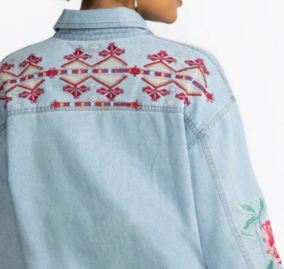 Johnny Was 3X Denim Worker Jacket Coat Lightwash Embroidered Roses Johnny Was