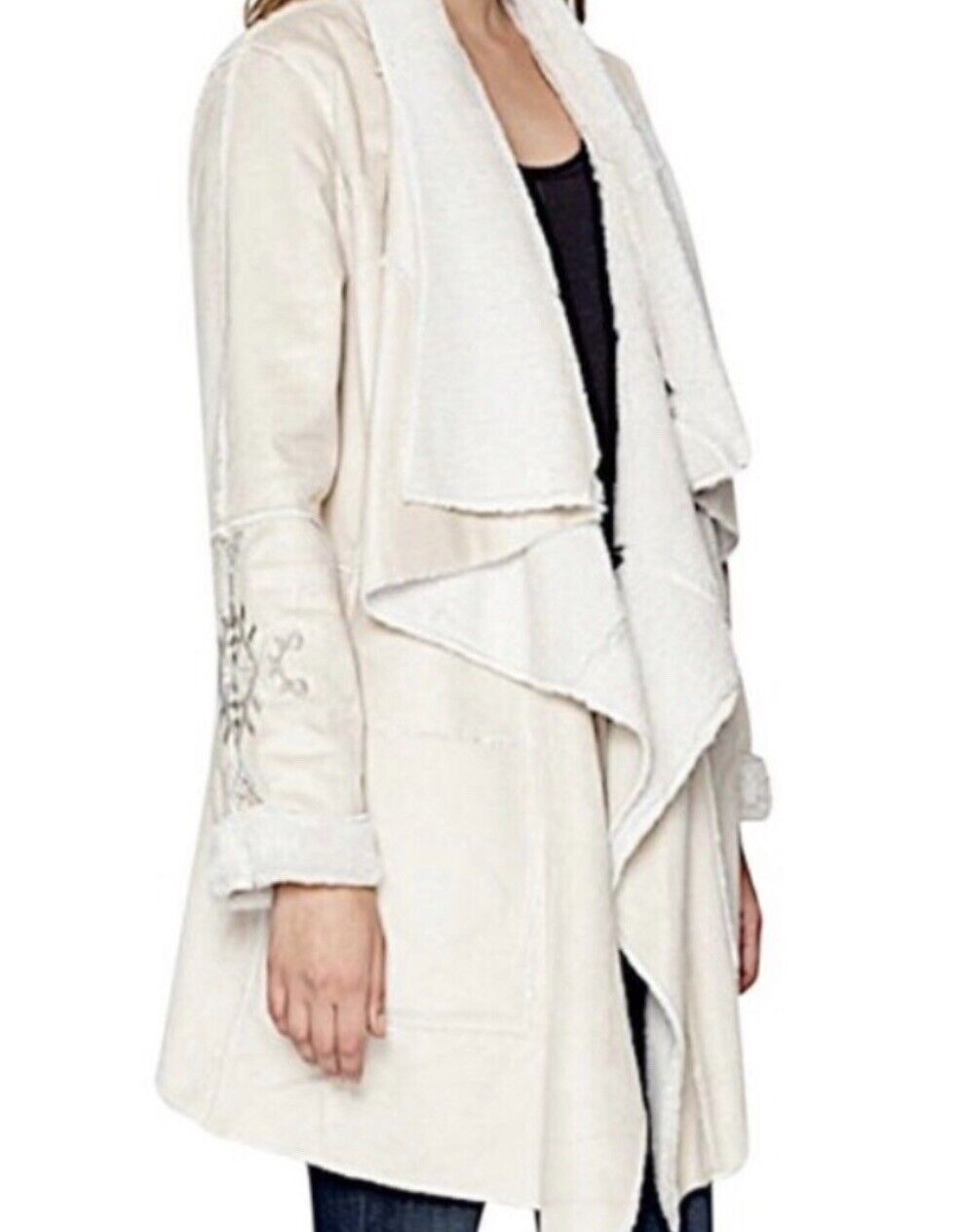 Johnny Was Ivory Shearling & Suede Coat Sz L Warm Sherpa Drape Front Jacket Biya