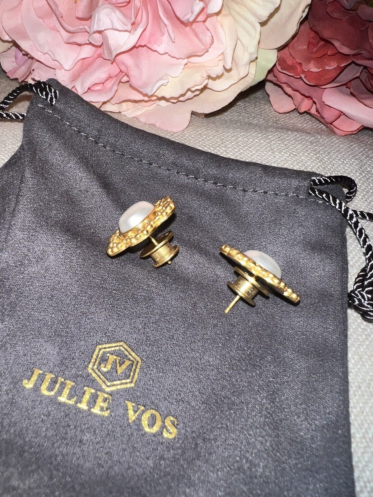 NEW Julie Vos Pearl & 24k Gold Plated Flower Statement Earrings NWOT