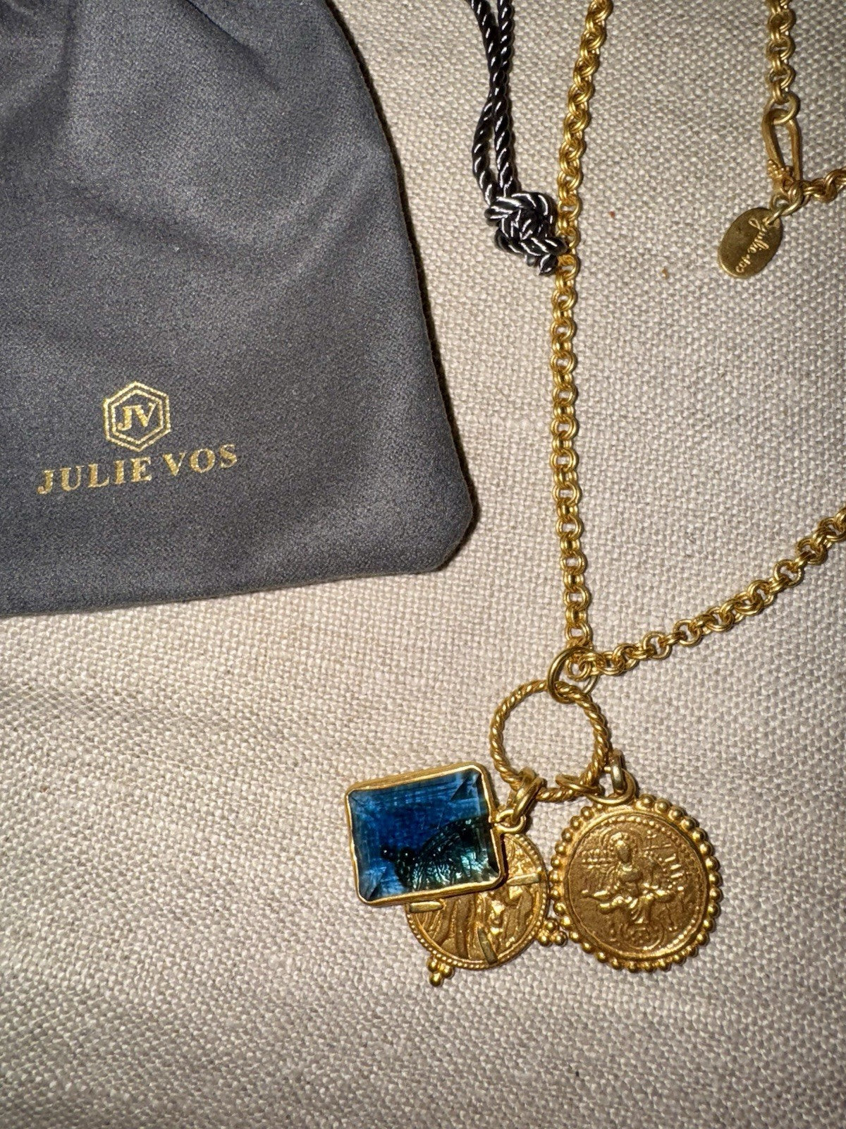 Julie Vos Necklace Sapphire Blue Glass & Gold Coin Pendant 24k Plated RETIRED Julie Vos