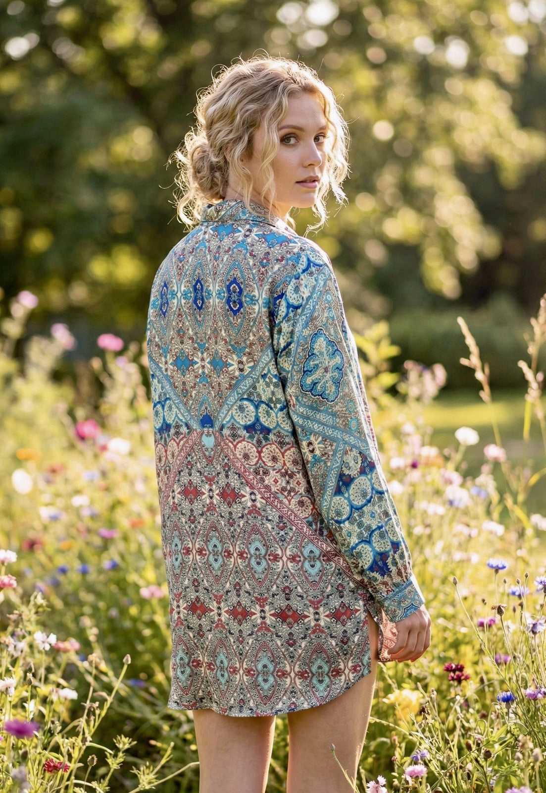 Johnny Was L 100% Silk Button Up Blouse Tunic Top Long Sleeve Lightweight Cool Johnny Was