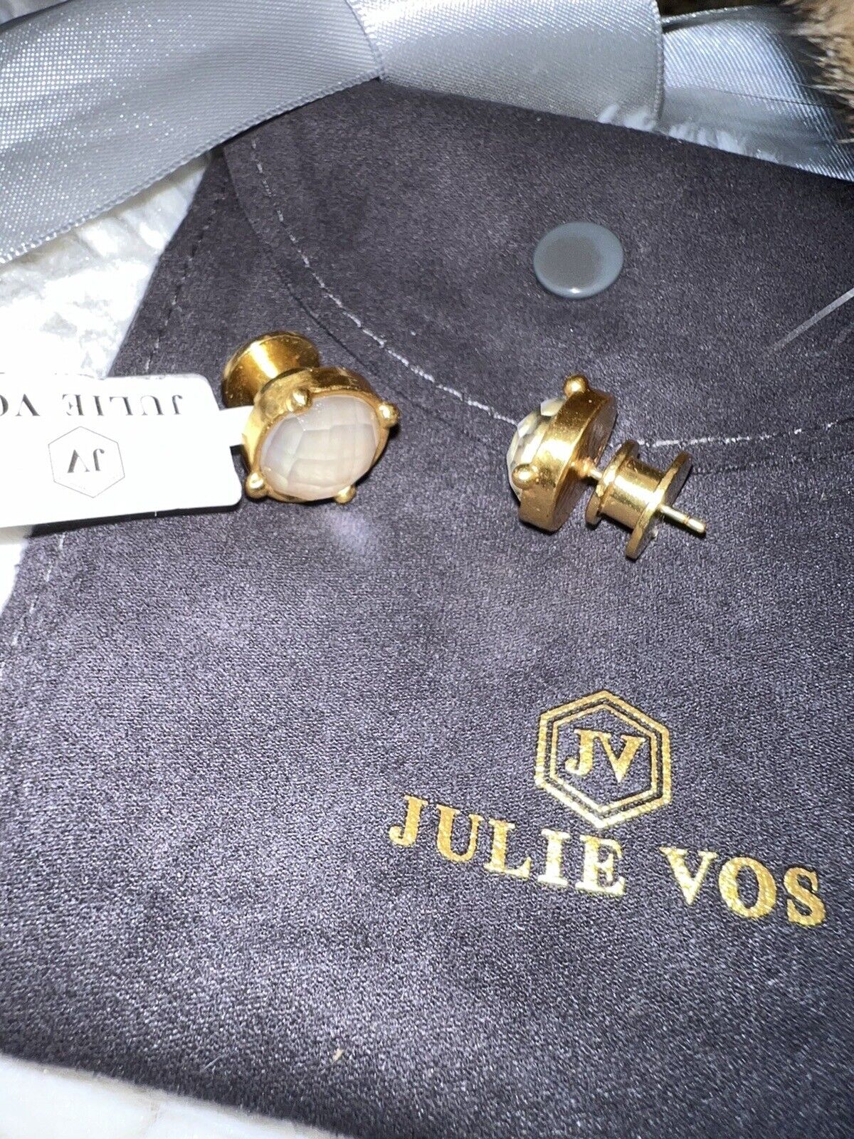 NEW Julie Vos Stud Earrings White/Clear Iridescent Stones & 24k Gold Plate NWT