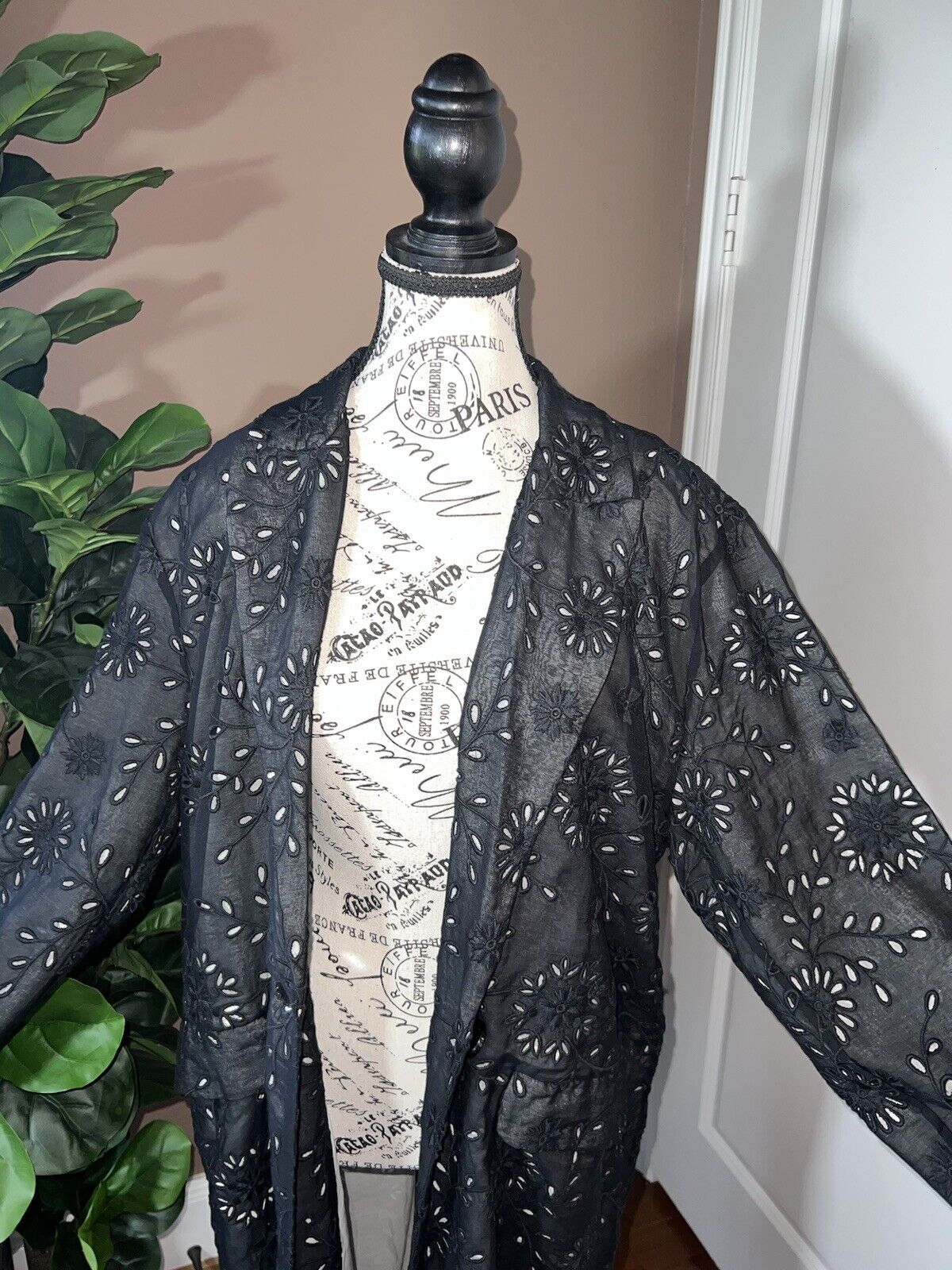 Johnny Was XL 1X Black Eyelet Lace Long Silk Kimono Duster Wrap Coat