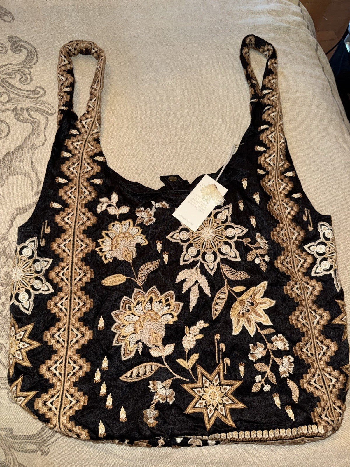 Johnny Was Large Black & Gold Satin Hobo Bag Slouch Tote Purse Embroidered Johnny Was