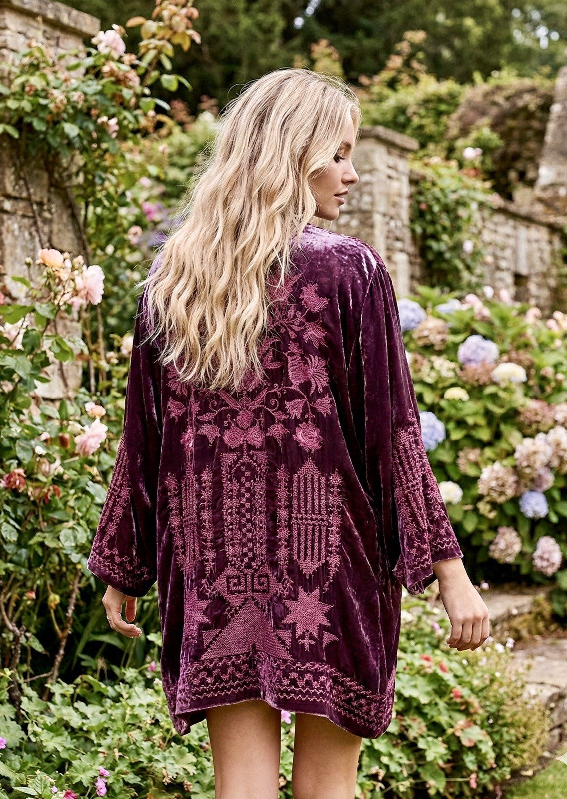 Johnny Was XL Wine Red Velvet Kimono Wrap Embroidery Cardigan Lightweight Jacket Johnny Was