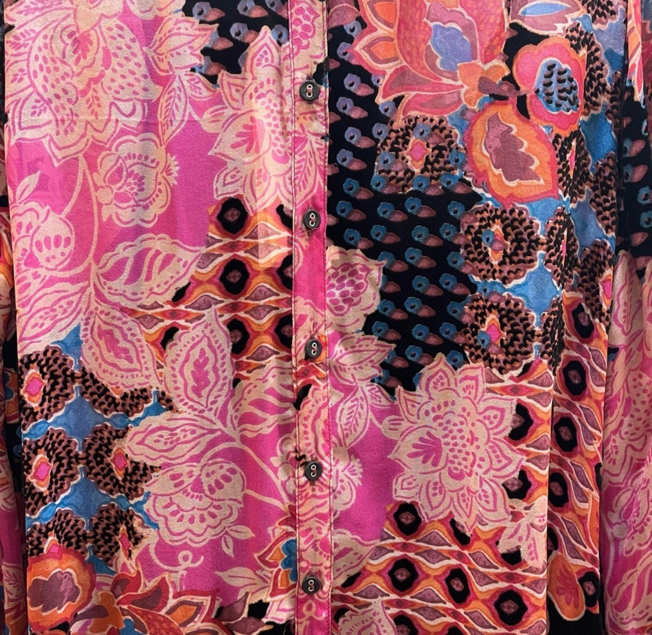 Johnny Was XXL Burnout Silk & Velvet Blouse Pink & Red Button Up Tunic Top BOHO Johnny Was