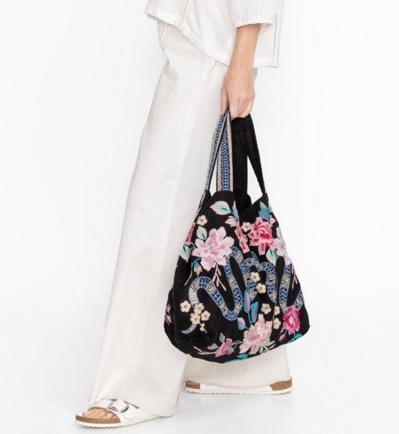 Johnny Was Large Black Embroidered Hobo Bag Tote Purse Crossbody Snakes & Roses Johnny Was