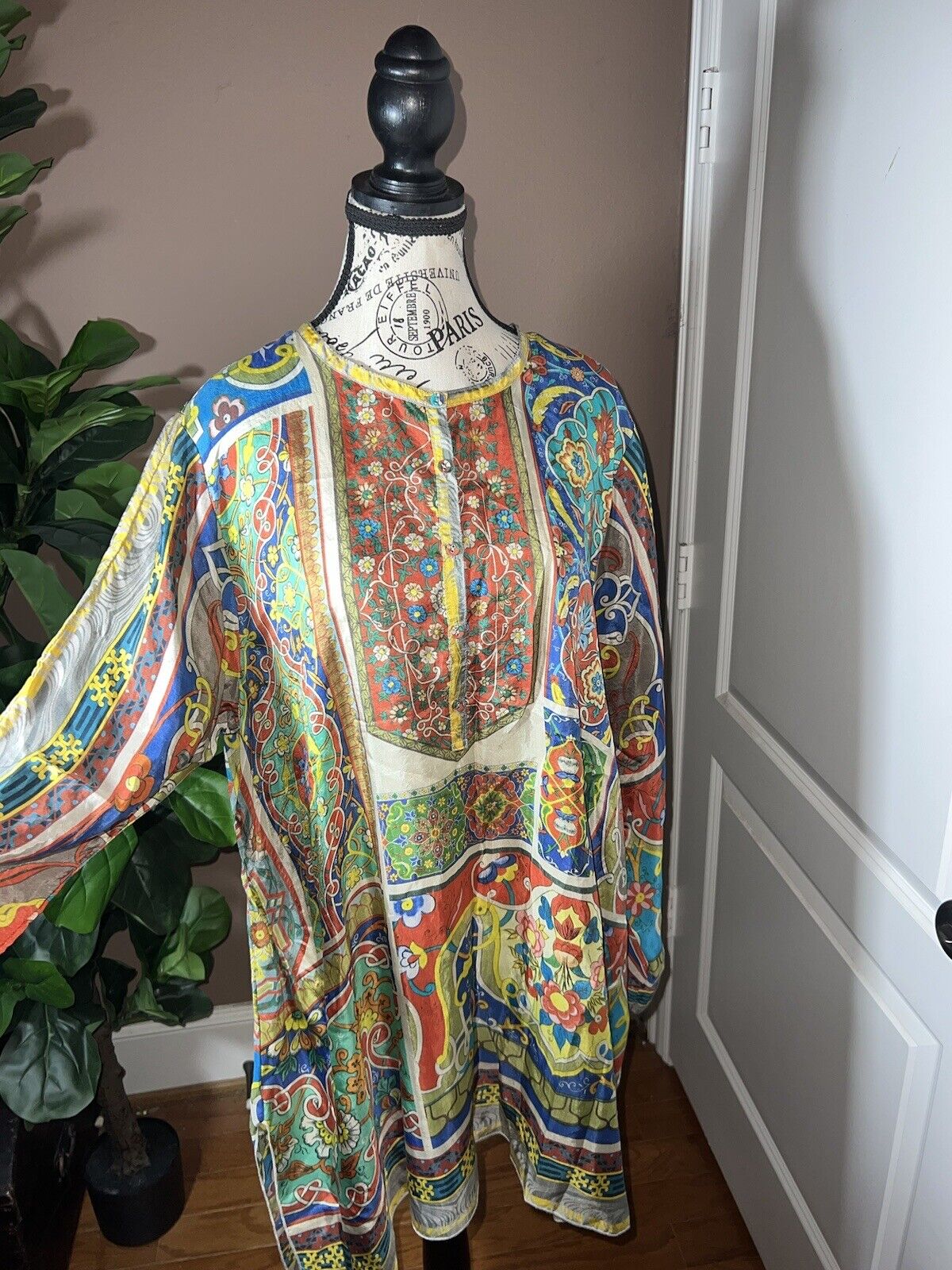 Johnny Was 100% Silk Long Sleeve Tunic Top Button Up Blouse Kimono Sz XL 1X 1XL