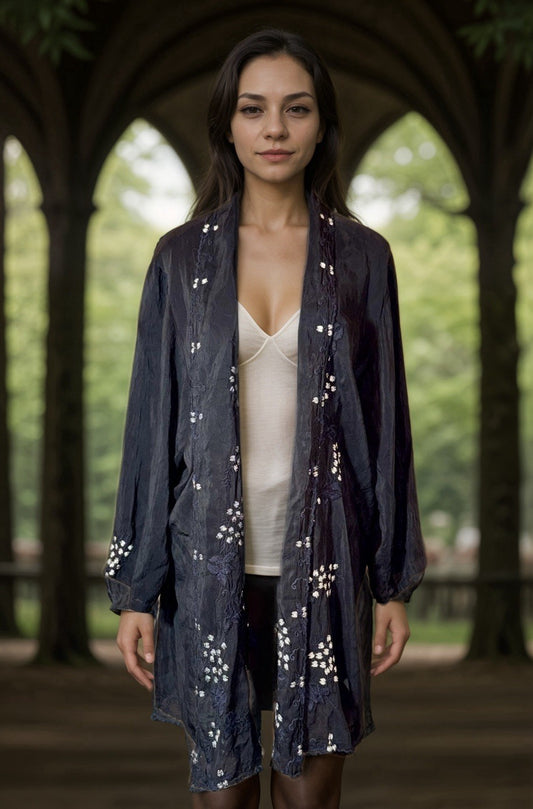 Johnny Was XL Silky Black Kimono Wrap Top Embroidered Black Duster Jacket Floral Johnny Was