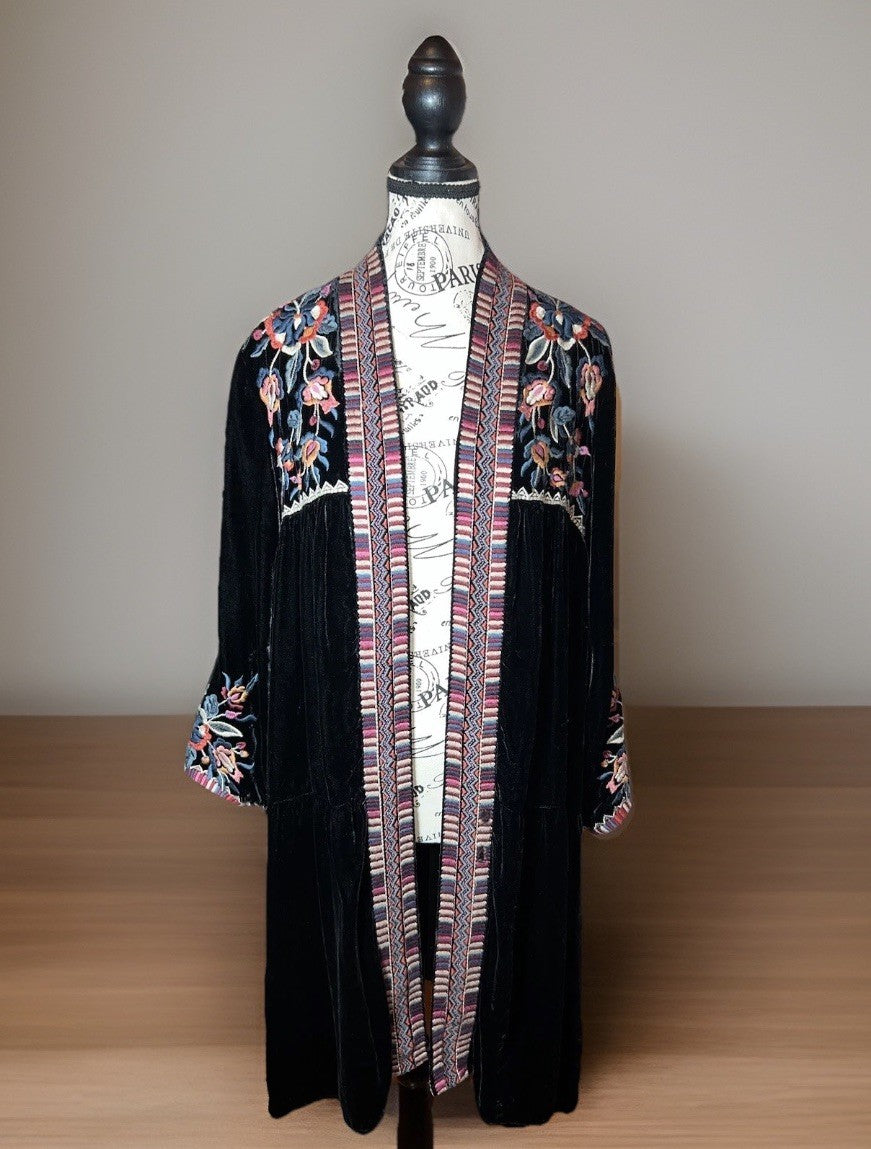 Johnny Was L Large Long Black Velvet Kimono Wrap Jacket Duster Oversized Aztec Johnny Was