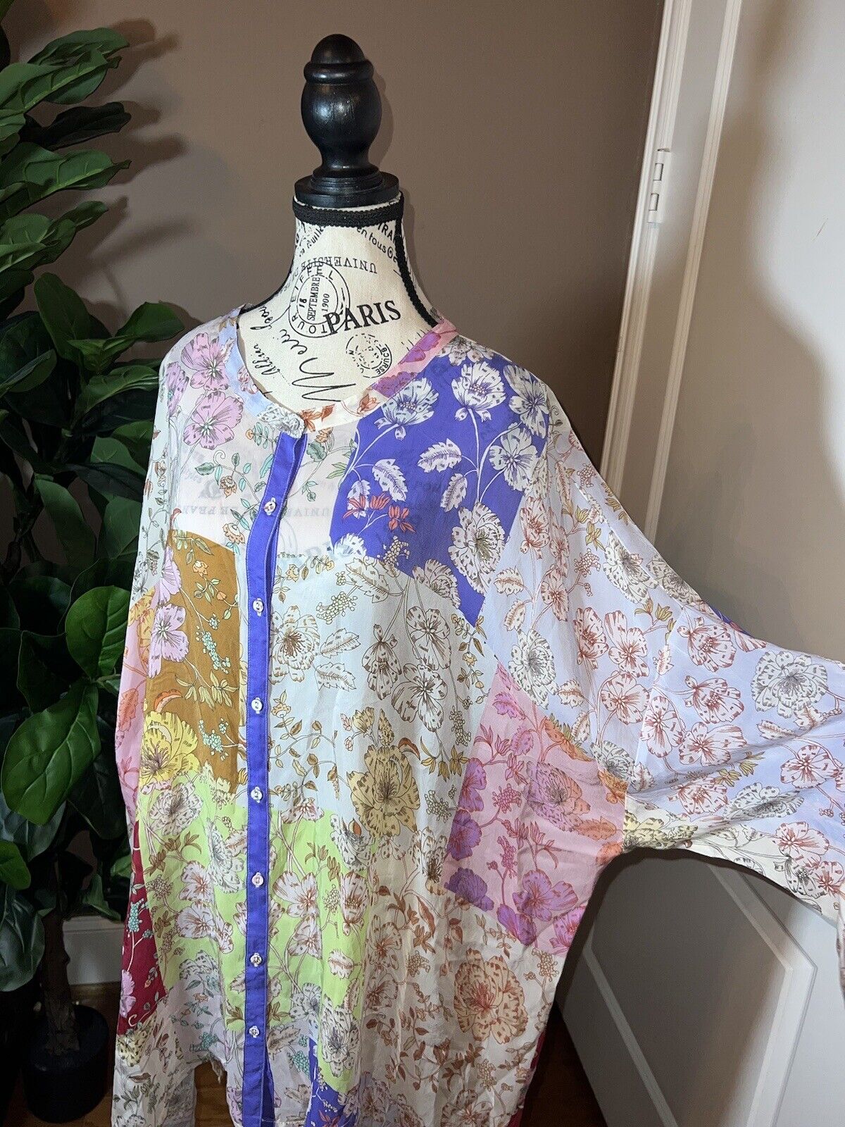 Johnny Was Silky Tunic Top Sz XL 1X Floral Patchwork Button Up  SUMMER