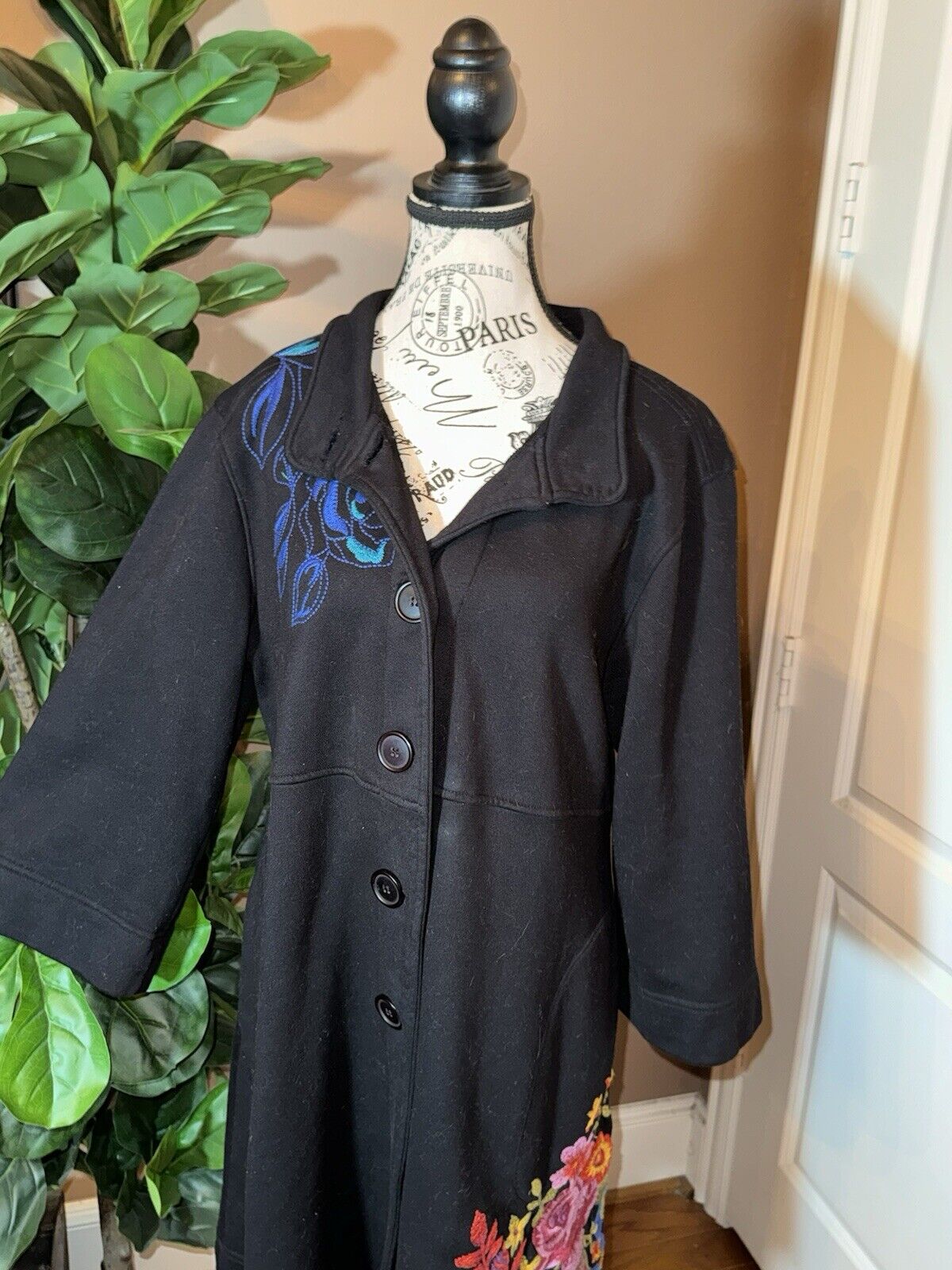 Johnny Was Military Trench Coat Jacket Sz XL 1X Black W/ Embroidery  Soft