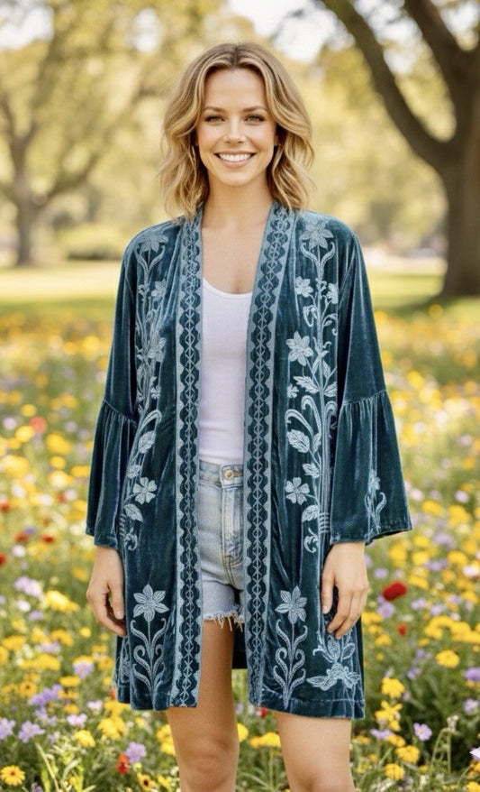 Johnny Was L Teal Green Velvet Kimono Duster Wrap Jacket Coat LUXE Embroidery Johnny Was