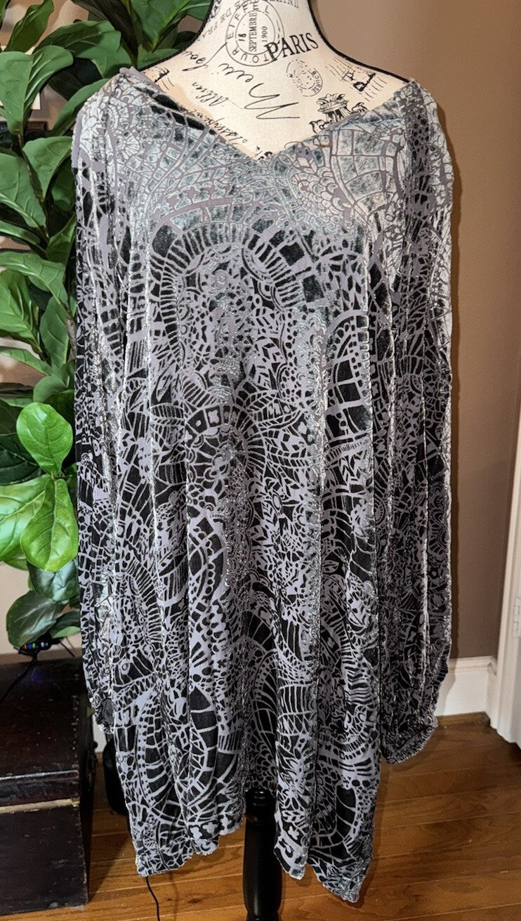 Johnny Was XXL Charcoal Grey Burnout Velvet Mini Shift Dress Tunic Top BOHO Johnny Was