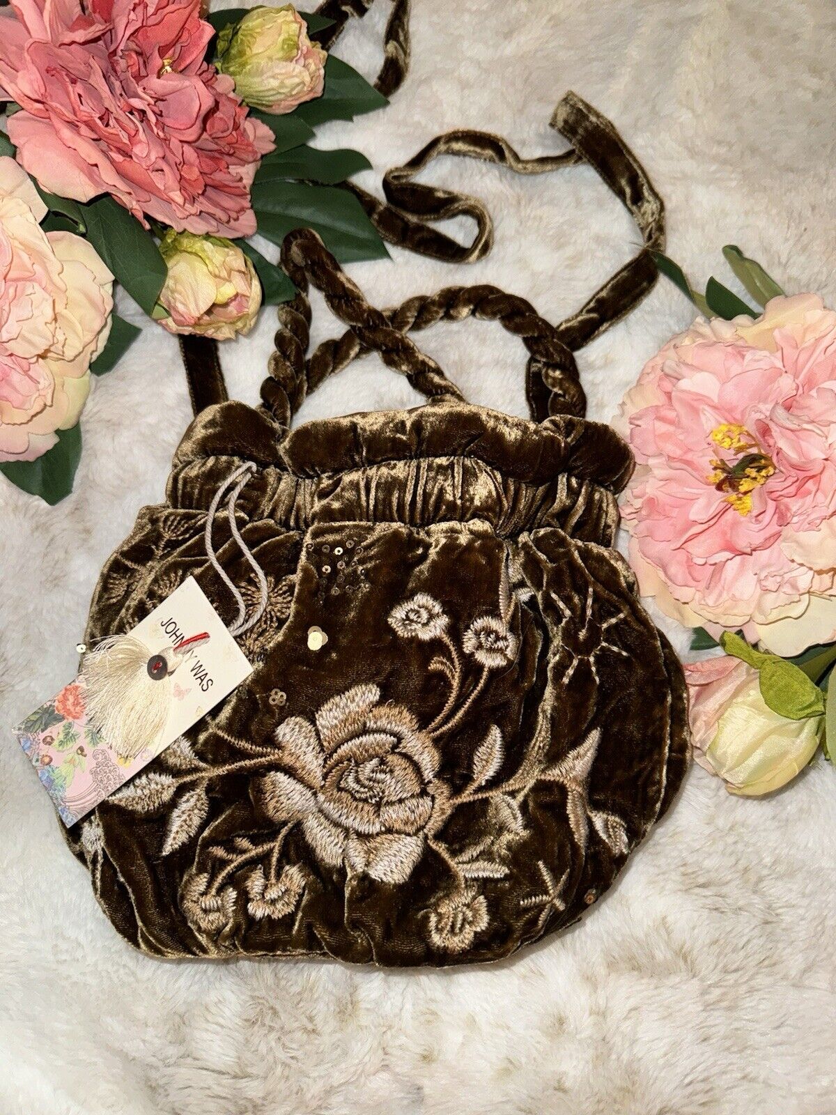 Johnny Was Gold Brown Velvet Embroidered Hobo Bucket Bag Tote Purse Crossbody