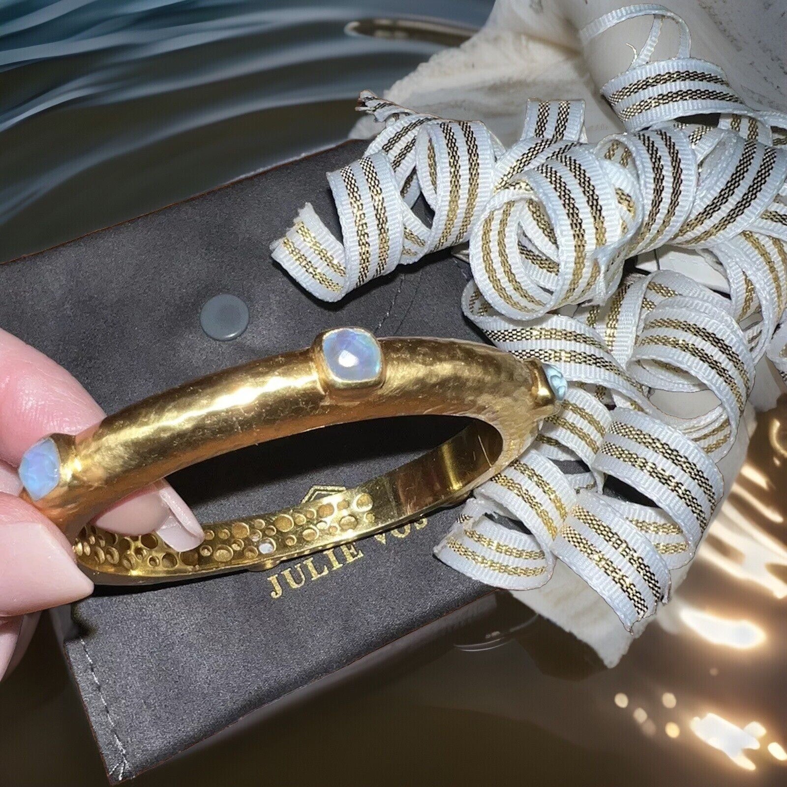 Julie Vos Hinged Bangle Bracelet W/ Light Blue Stones 24k Gold Plate Julie Vos