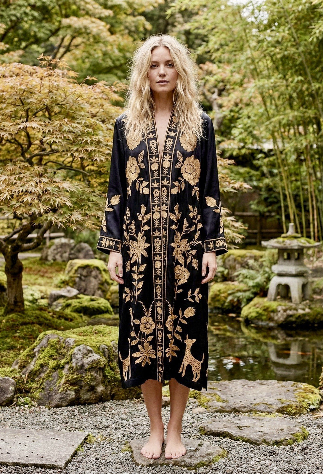 Johnny Was L Black & Gold Long Kimono Duster Embroidered Jacket Coat Wrap Johnny Was