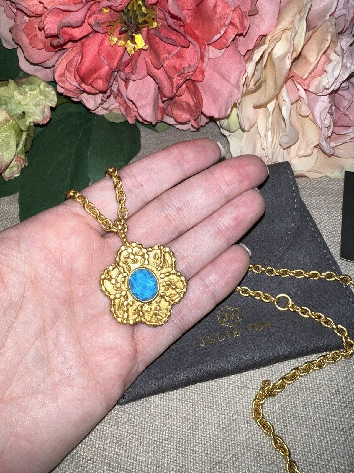 Julie Vos Long Chain 24k Gold Plated & Pacific Blue Floral Pendant