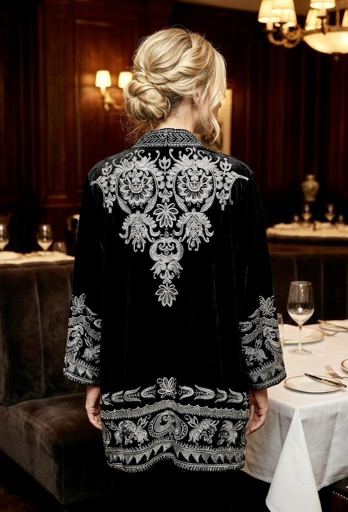 Johnny Was XL Black Velvet Kimono Duster  Cardigan Embroidery Handkerchief Hem Johnny Was