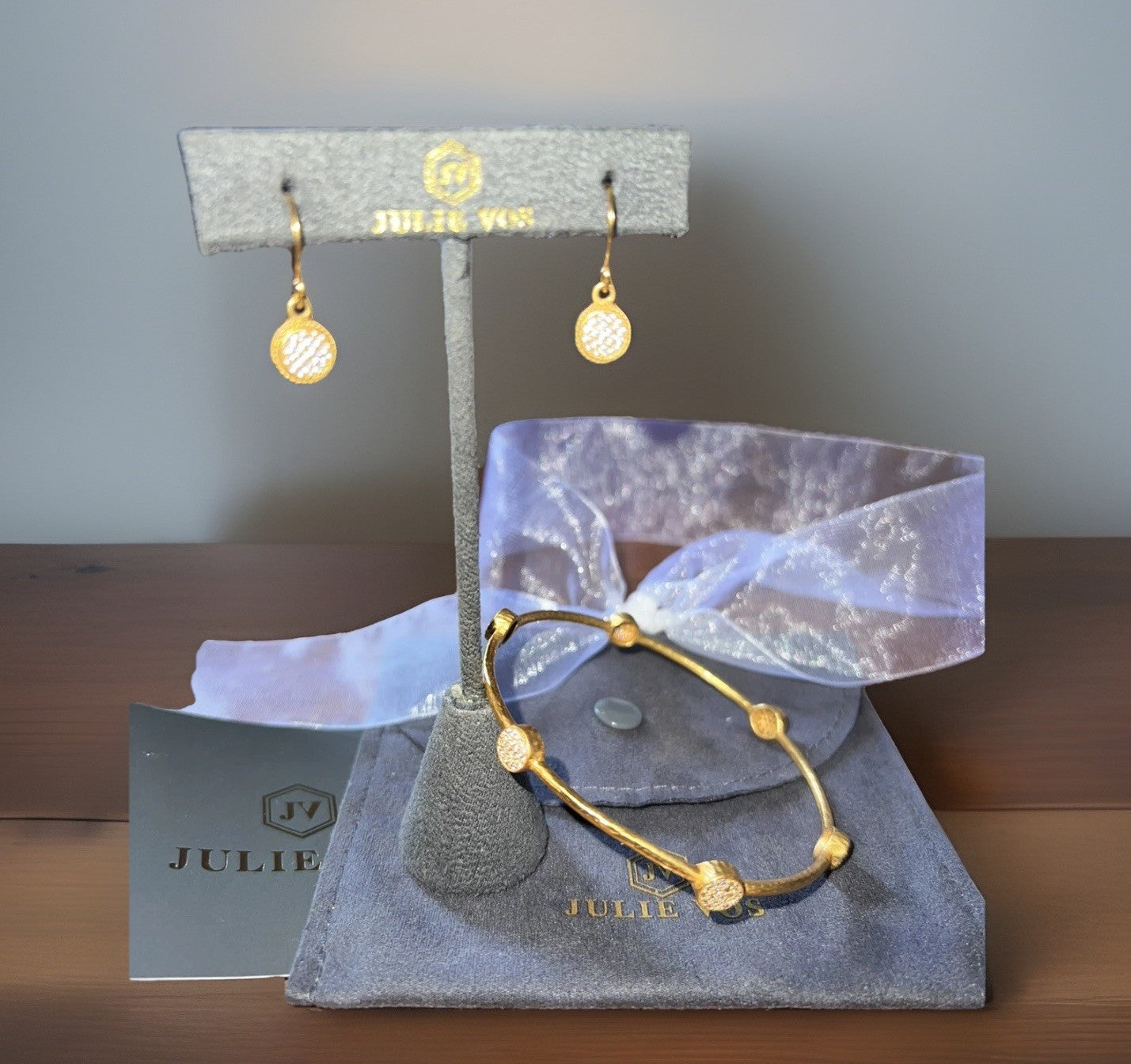 3pc Set Julie Vos Pave Earrings & CZ Stations Bracelet Bangle Sz Large Julie Vos