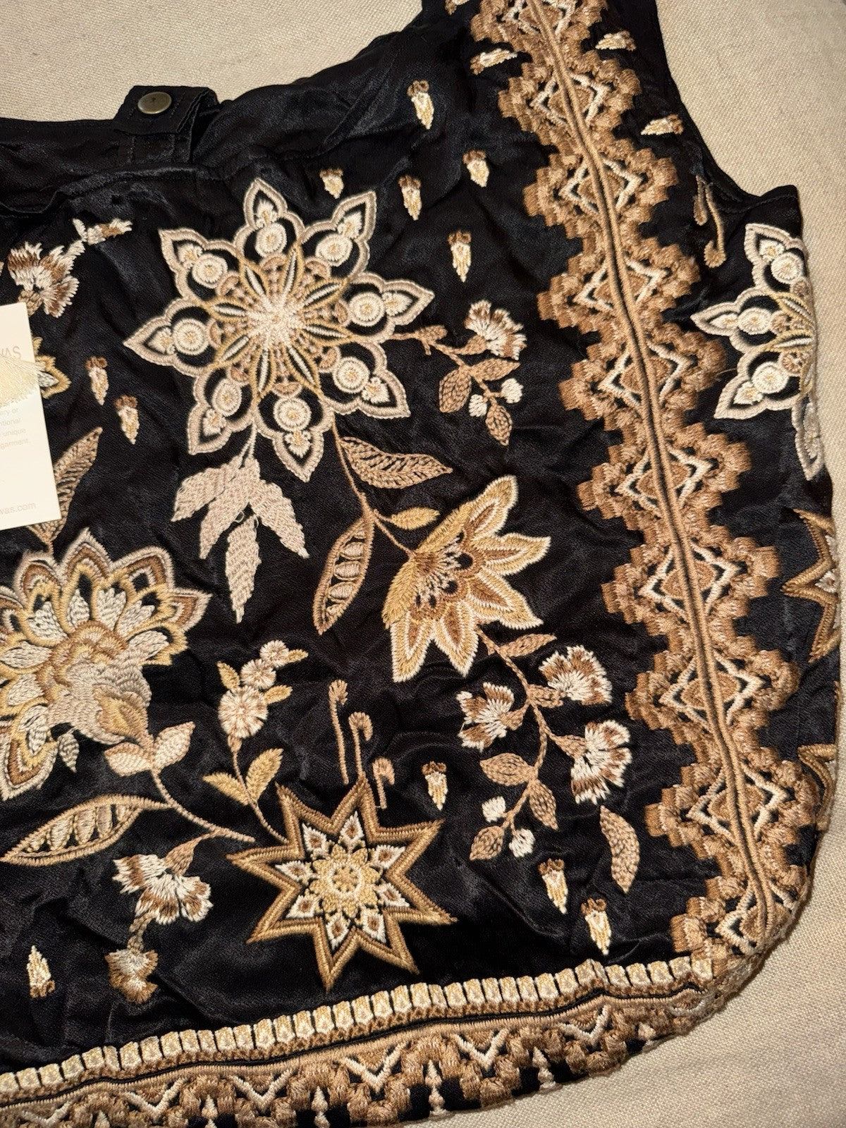 Johnny Was Large Black & Gold Satin Hobo Bag Slouch Tote Purse Embroidered Johnny Was