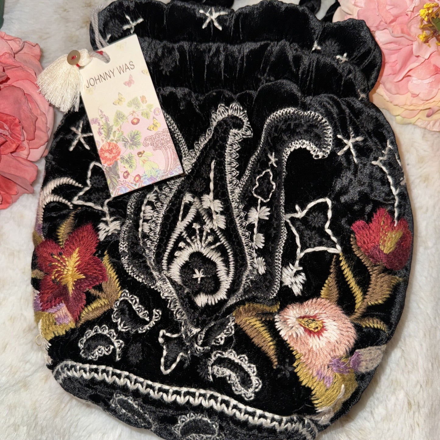 Johnny Was Black Velvet Embroidered Hobo Bag Tote Purse Pink Roses & Paisley Johnny Was
