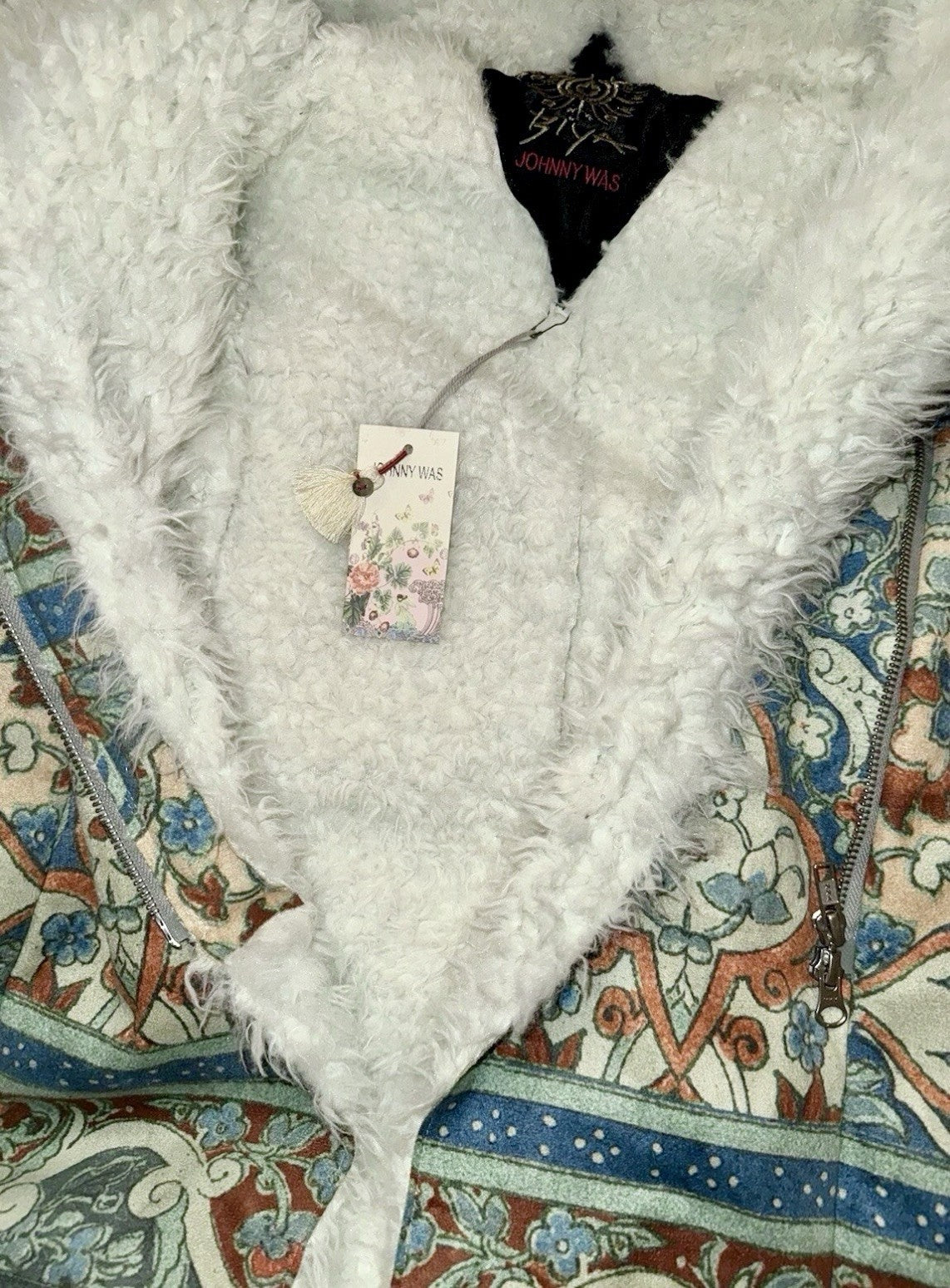 Johnny Was M Medium Sherpa Fur & Faux Suede Coat Jacket Zipper Pockets Johnny Was