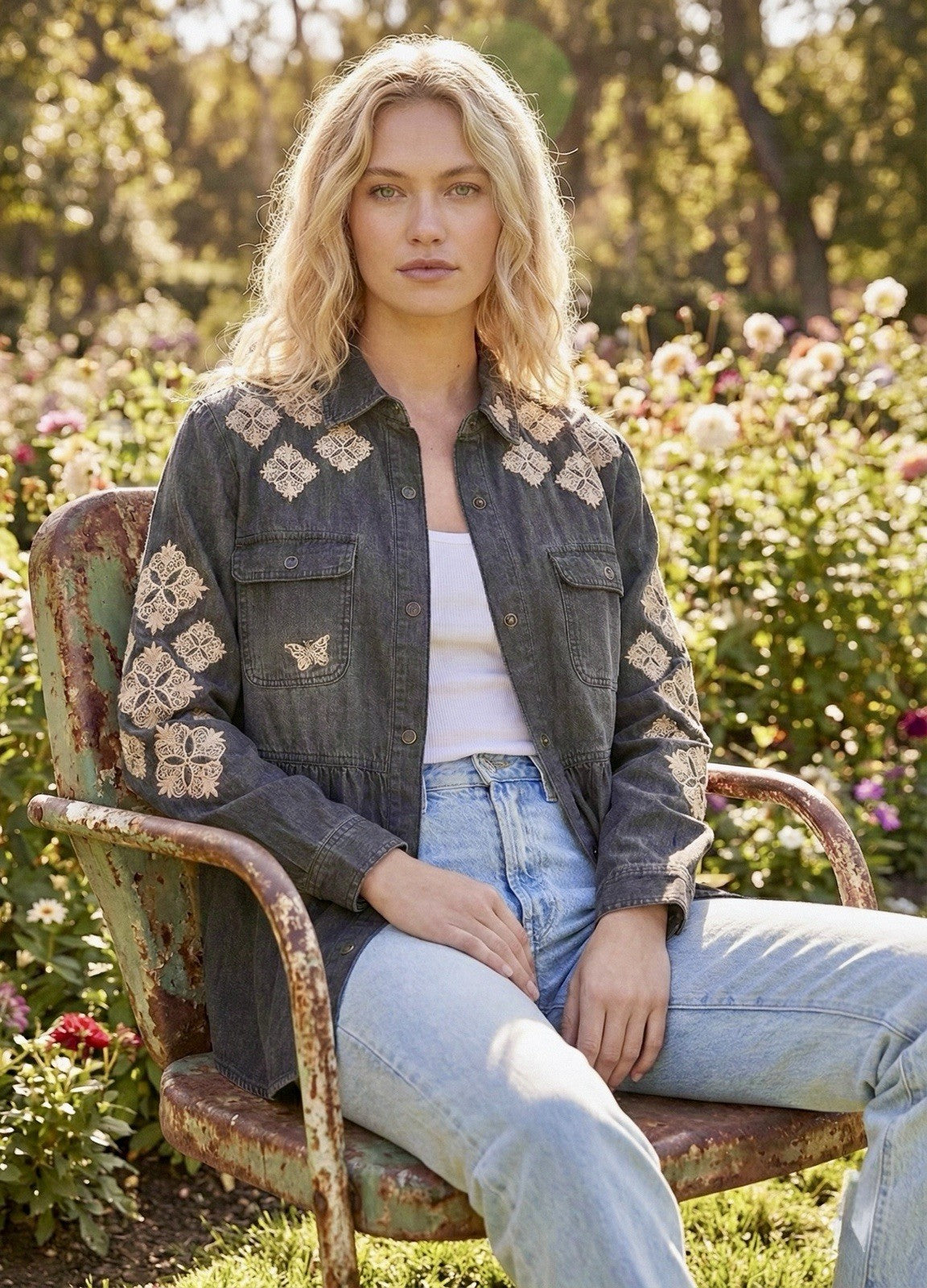 Johnny Was L Black Denim Button Up Shirt Jacket Coat Embroidered Light Wash Johnny Was