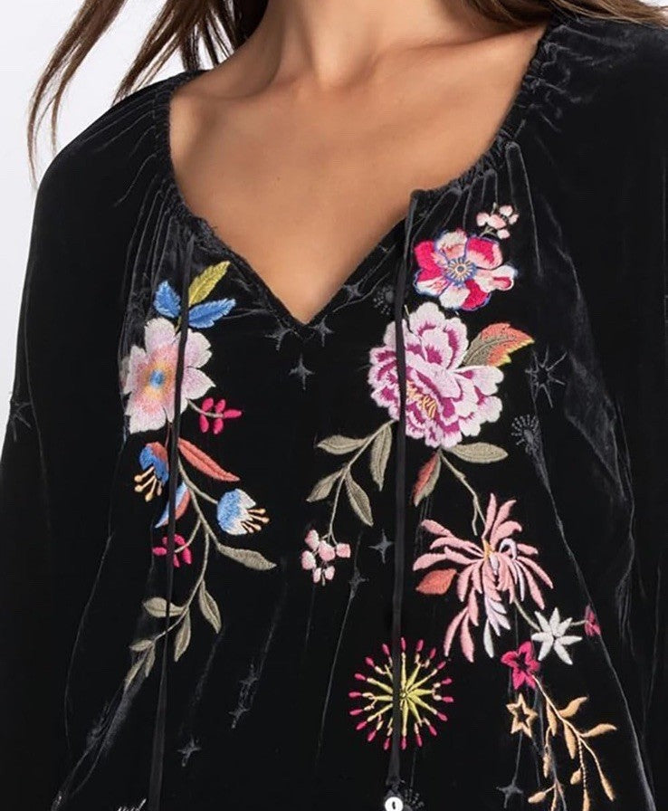 Johnny Was L Black Velvet Peasant Top Tunic Blouse Shirt Embroidered Roses Stars Johnny Was