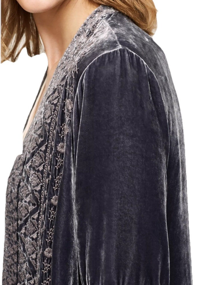 Johnny Was L Large Grey Velvet Tunic Top Blouse  Tonal Embroidery Shirt Johnny Was