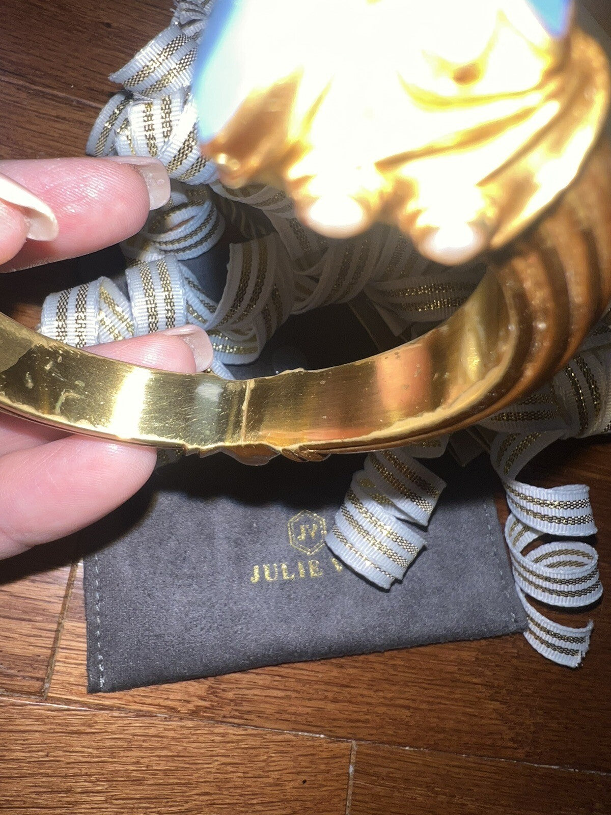 Julie Vos Blue & Pearl 24k Gold Plated Large Hinged Cuff Bangle Bracelet Julie Vos