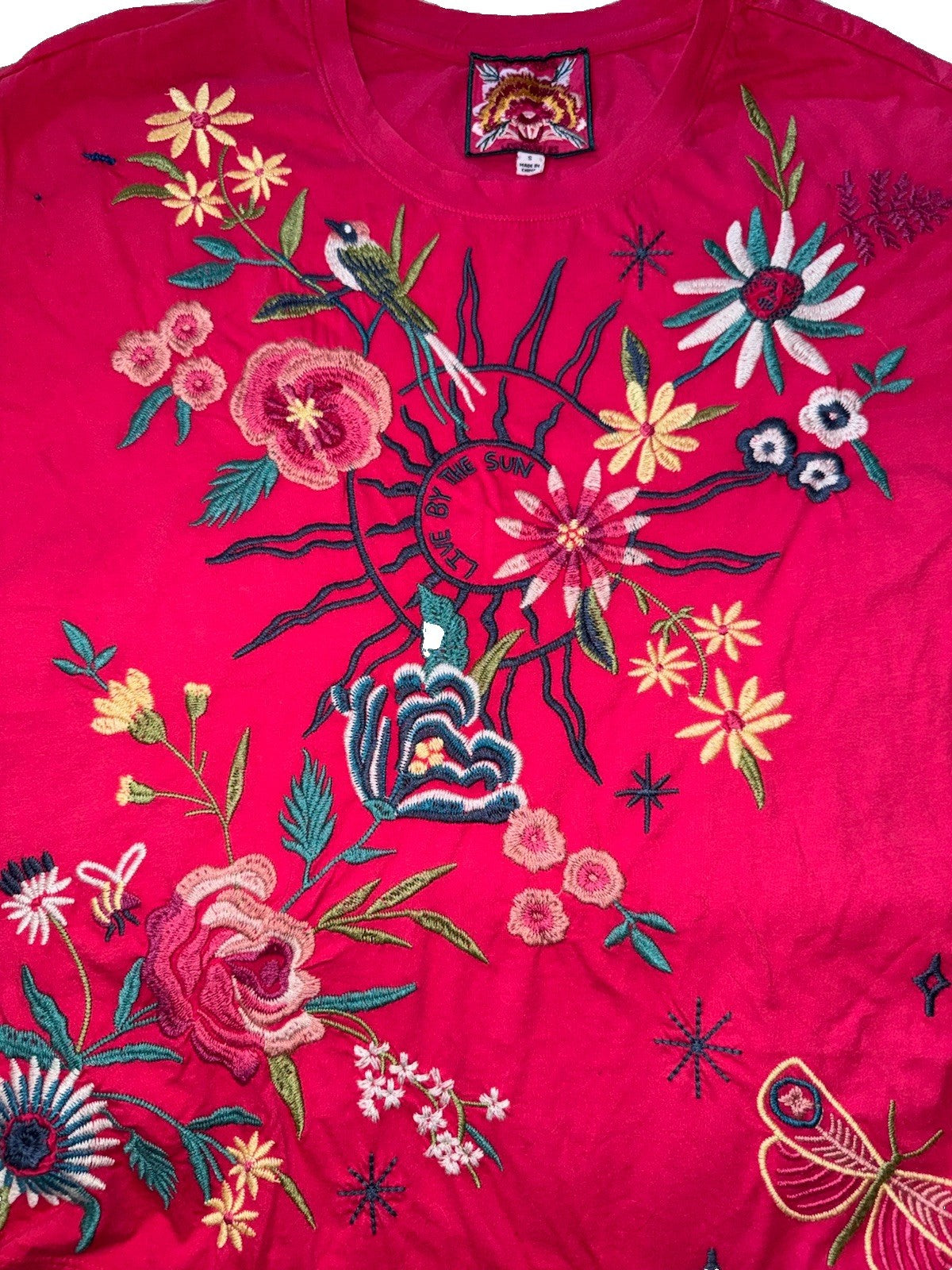 Johnny Was S Small Pink Cap Sleeve Tee T-Shirt Embroidered Bohemian *FLAWS* READ Johnny Was