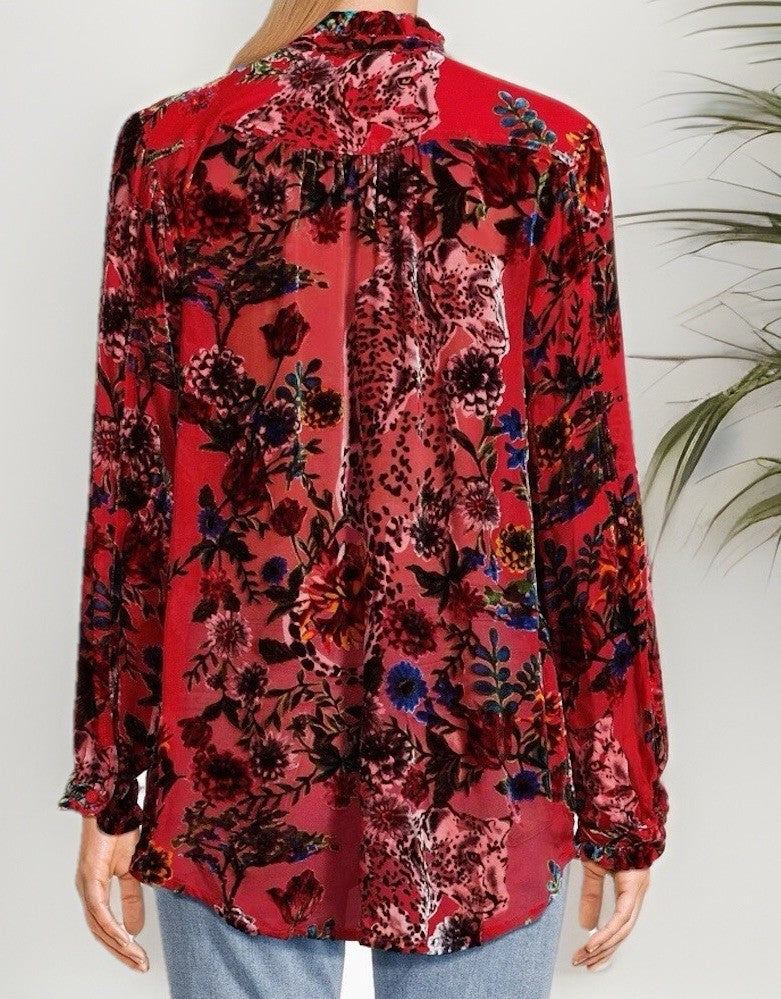 Johnny Was XL Red Burnout Velvet Button Up Blouse Tunic Top Shirt Floral Johnny Was