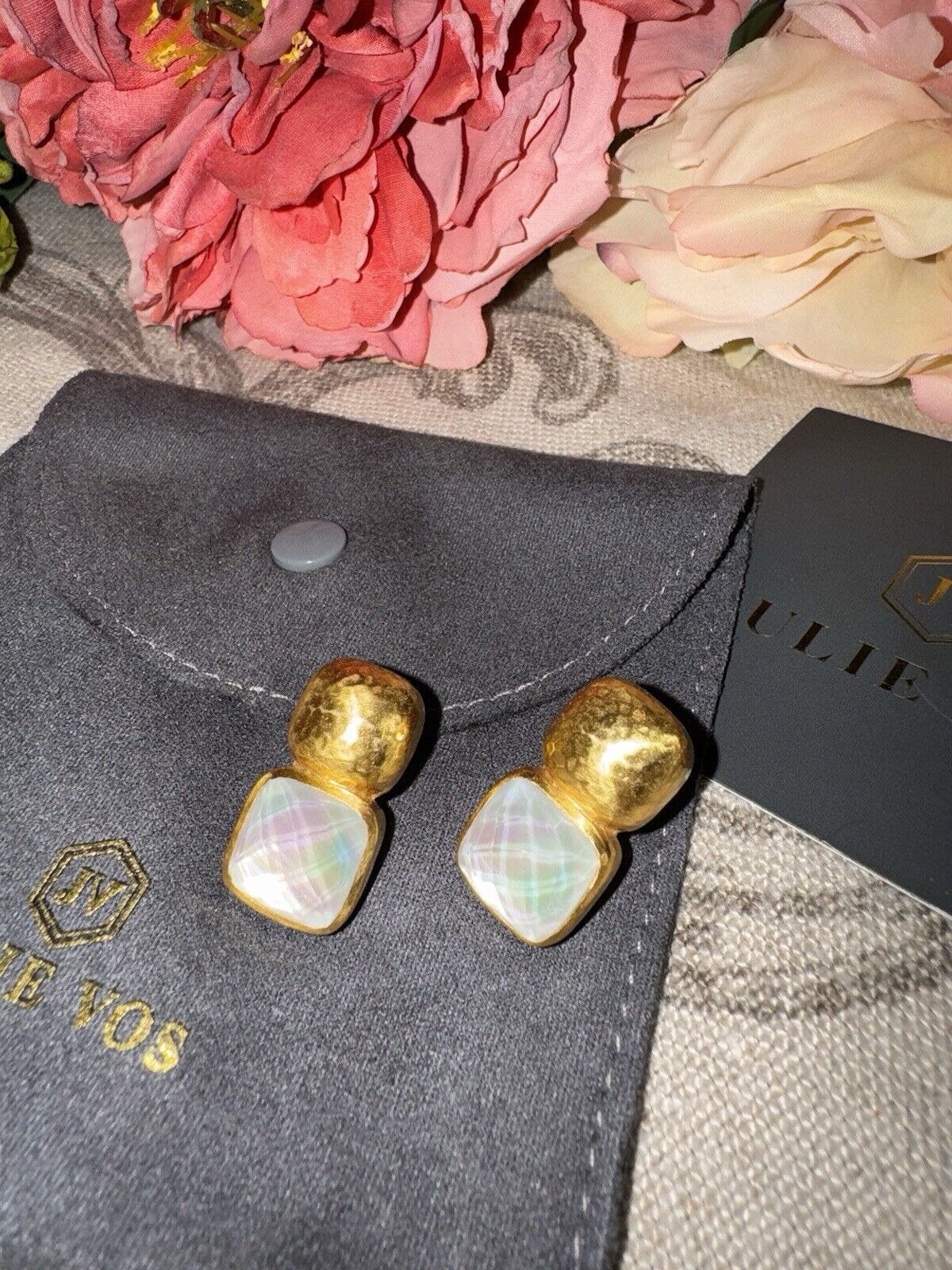 Julie Vos Iridescent Clear Crystal 24k Gold Plated Stud Earrings