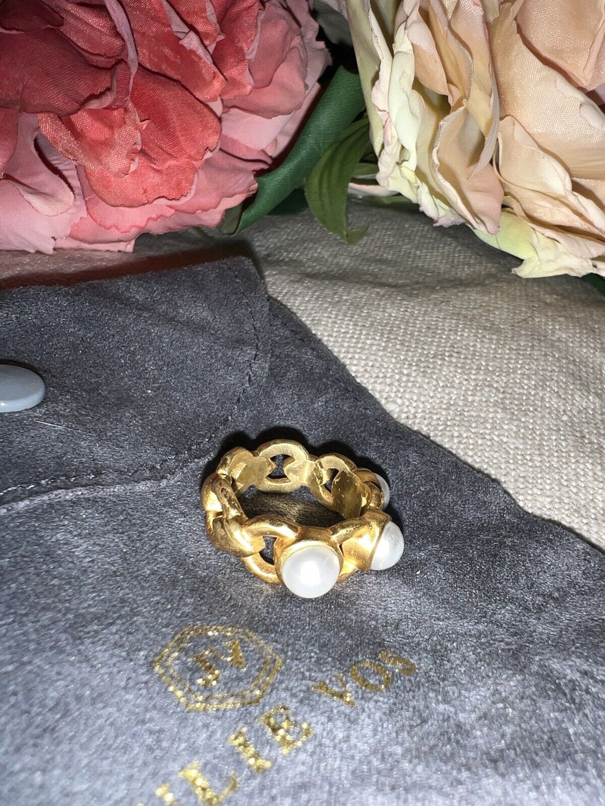 Julie Vos 3 Pearl Ring 24k Gold Plate Sz 7 Beautiful