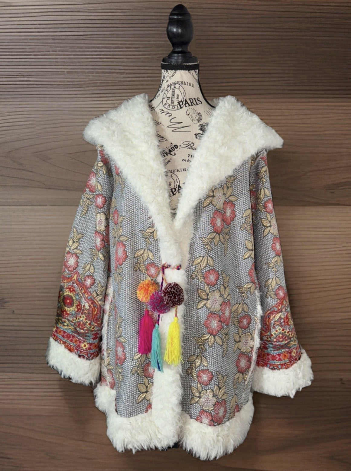 Johnny Was 1X Faux Fur Sherpa Coat Jacket Wrap Shearling Lined Tassles BOHO Johnny Was