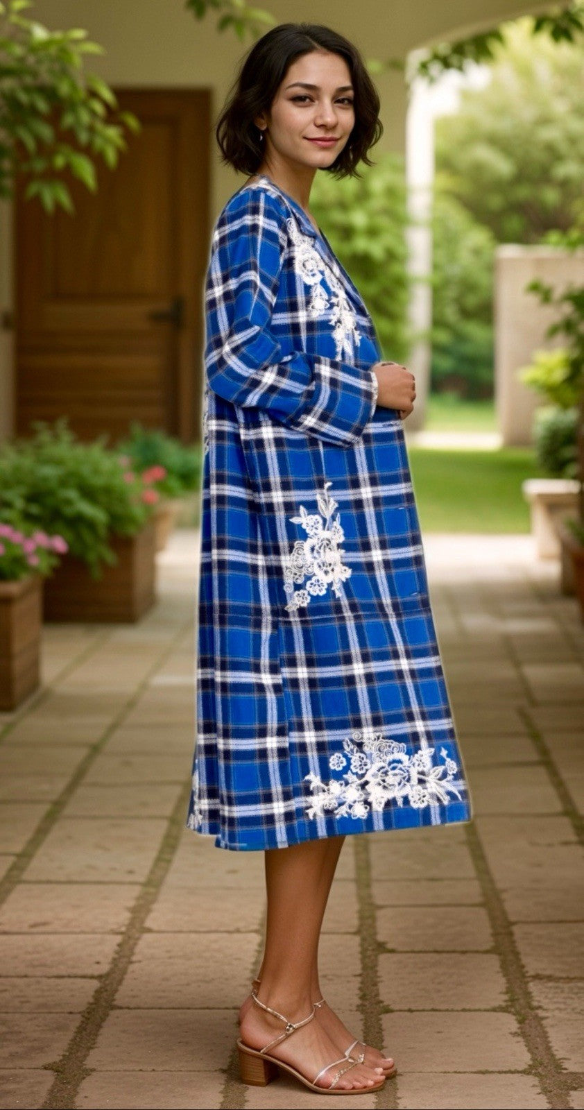 Johnny Was L Large Blue Plaid Trench Coat Jacket MIDI Embroidered Dragon Johnny Was