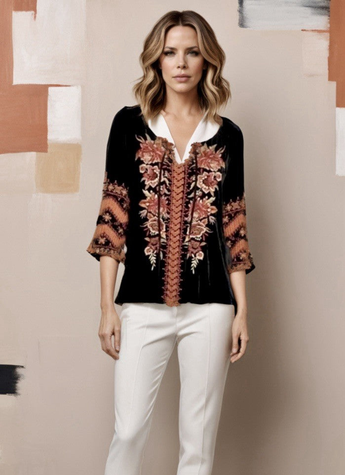 Johnny Was Sz L Large Heavily Embroidered Black Velvet Peasant Top Blouse Johnny Was