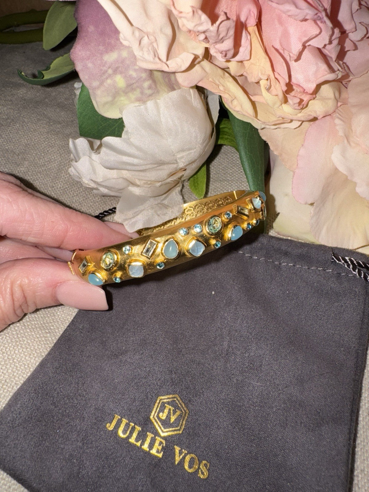 Julie Vos Hinged Bangle Bracelet Blue Iridescent Stones 24k Plated Julie Vos