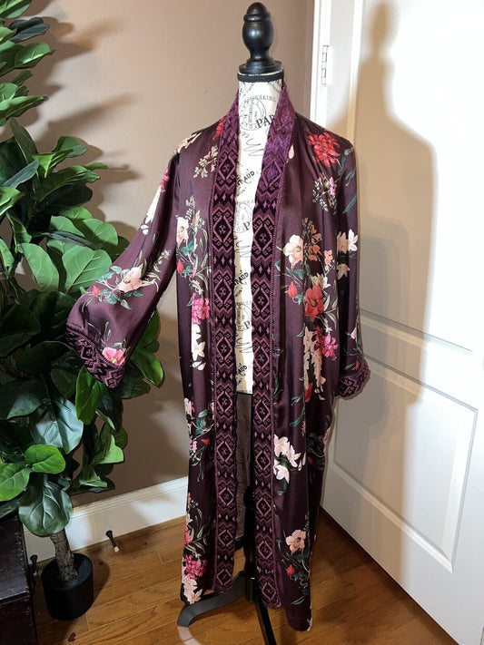 Johnny Was Silk Lined Long Kimono Duster Wrap XL 1X 1XL Velvet Trim Pockets