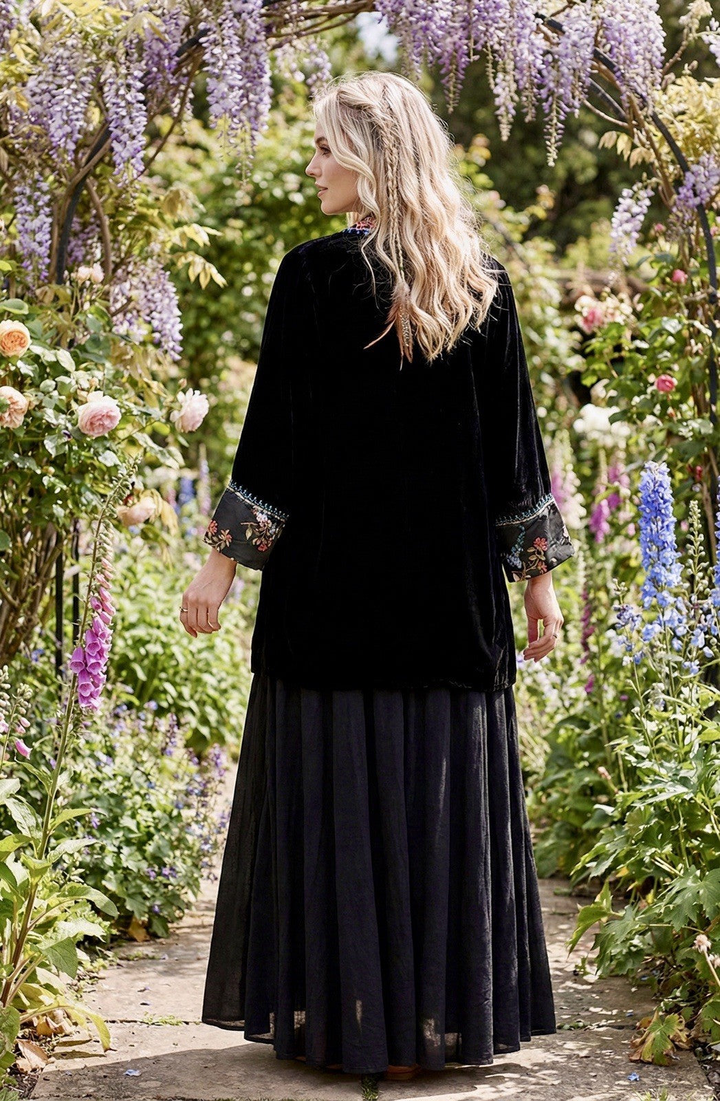 Johnny Was XL Black Velvet & Silk Kimono Embroidered Floral BOHO Wrap Duster Johnny Was