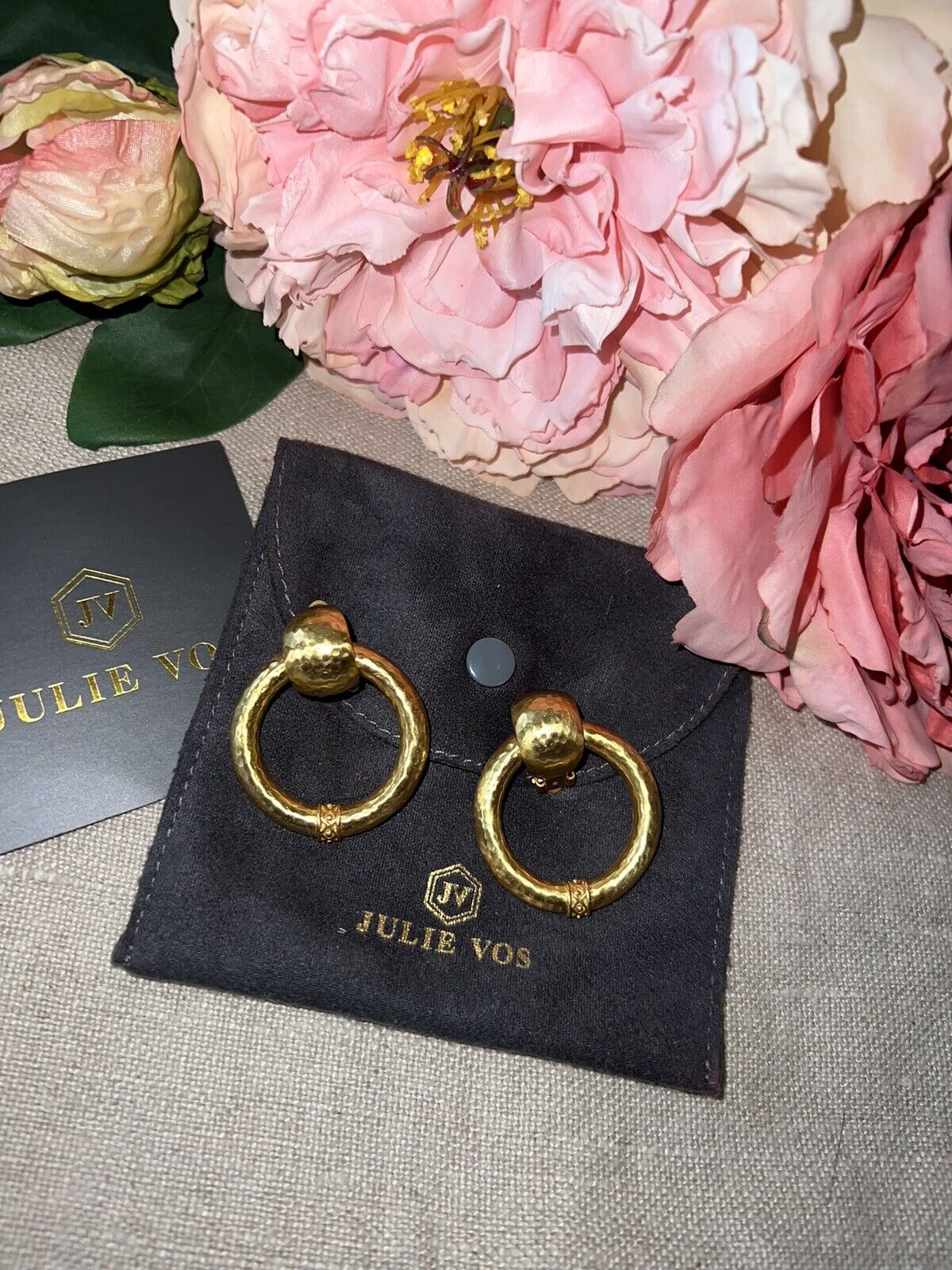 Julie Vos 24k Gold Plated Hoop Door Knocker Clip On Earrings